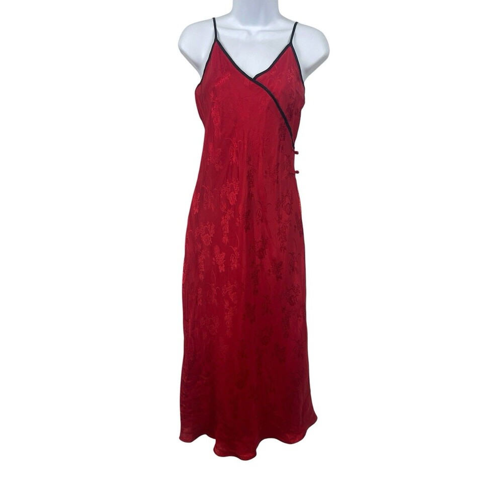 Y2K Red Satin Jacquard Chemise Nightgown Slip Dress S Asian Inspired Maxi